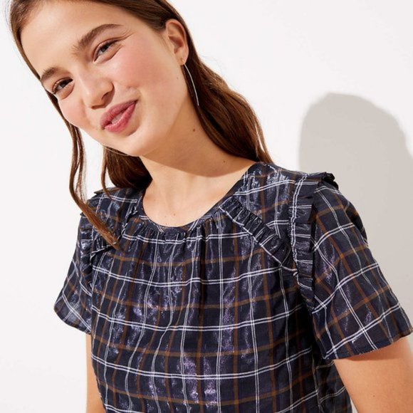Plaid LOFT Short Sleeve Ruffle Shimmer Blouse Top (NWT) - Picture 2 of 4